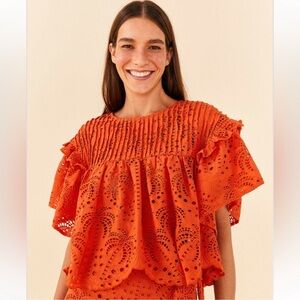 FARM RIO Orange Palm Richelieu Eyelet Blouse